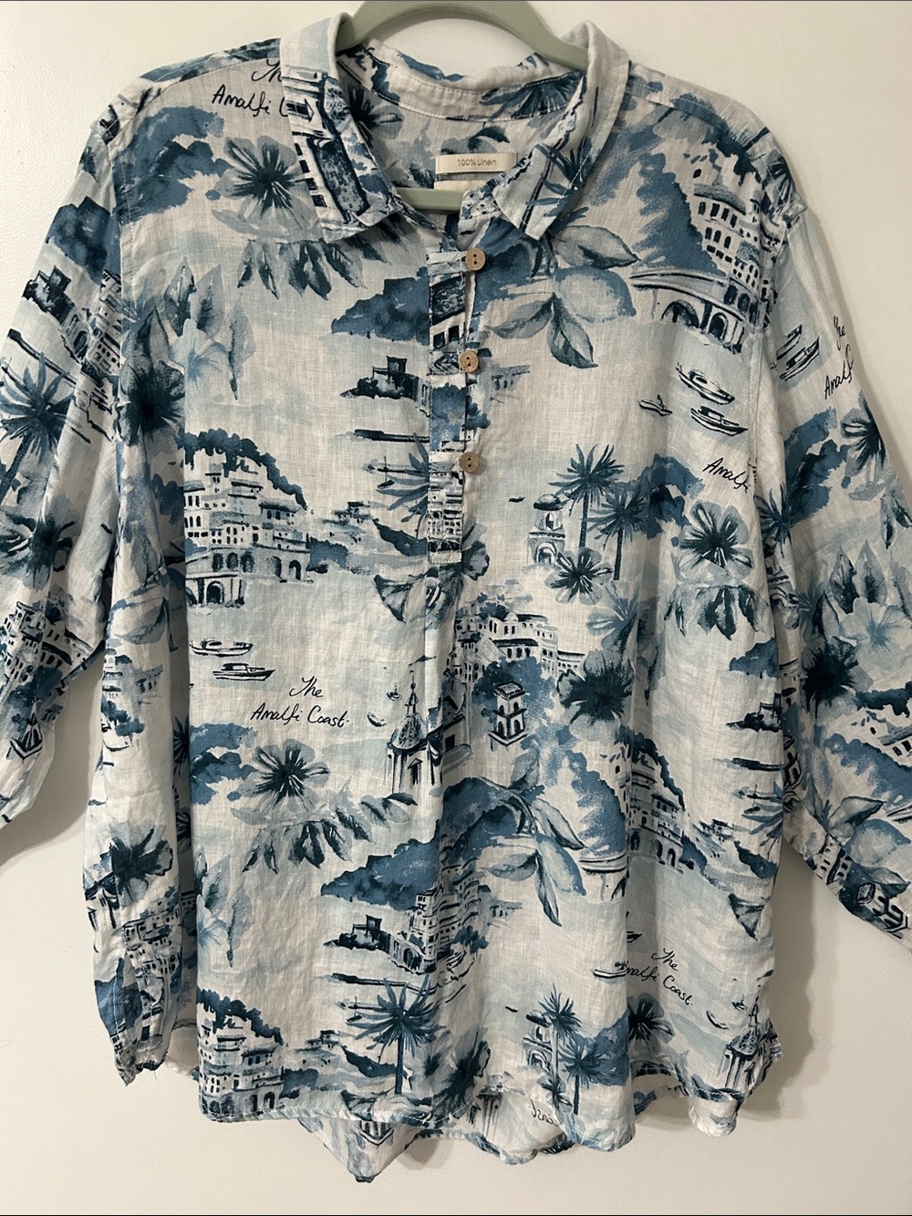 Cynthia Rowley Linen Blouse Women’s 3X Amalfi Coast Roll Sleeve Blue Popover - Picture 14 of 15